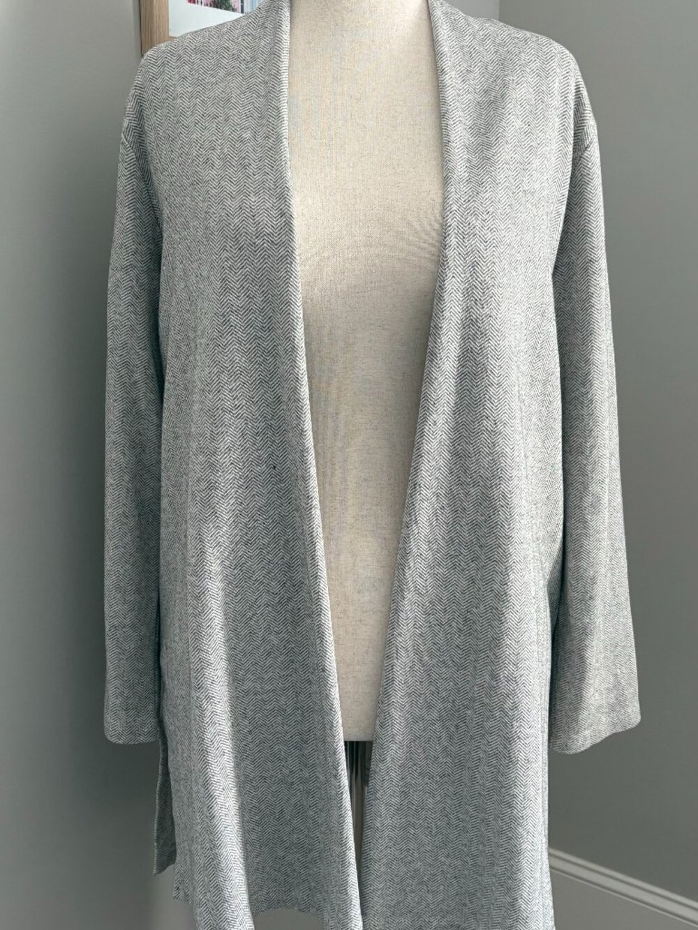 Eileen Fisher Herringbone Organic Cotton Longline Open Front Jacket Cardigan L